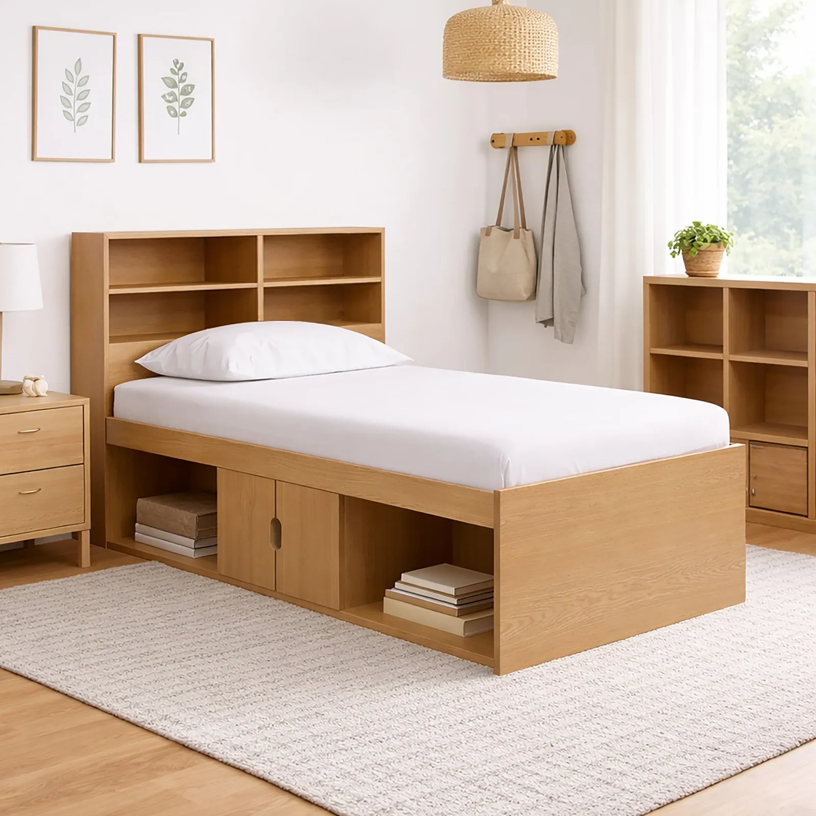 Arctic - Single - Cabin Bed with Open Storage, 2-Door Cupboard and Bookcase Headboard - Oak - Wooden - 3ft 1