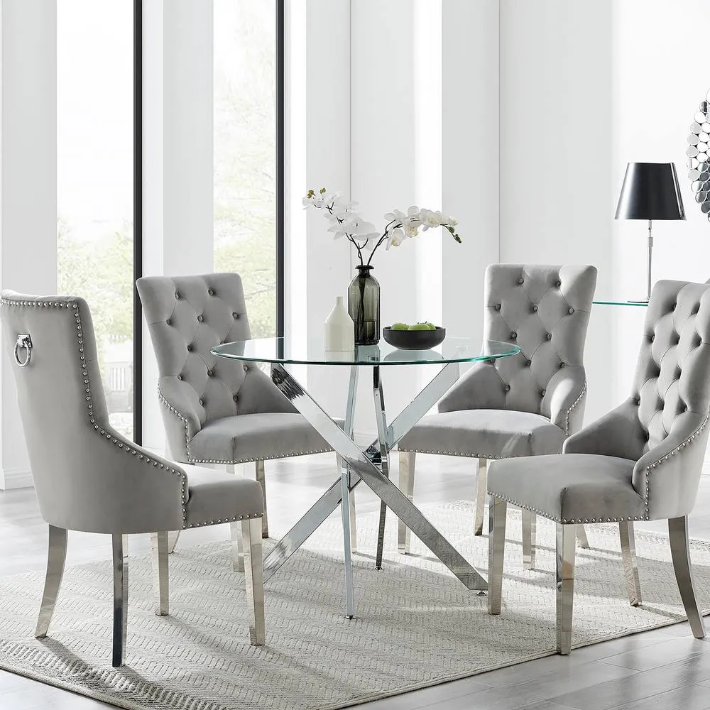 FurnitureboxUK Novara 100Cm Silver Table & 4 Velvet Belgravia Chairs in Grey