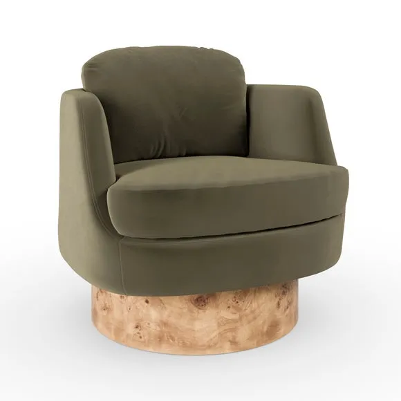 Tova Velvet Swivel Chair with Light Burl Wood Effect Base 6