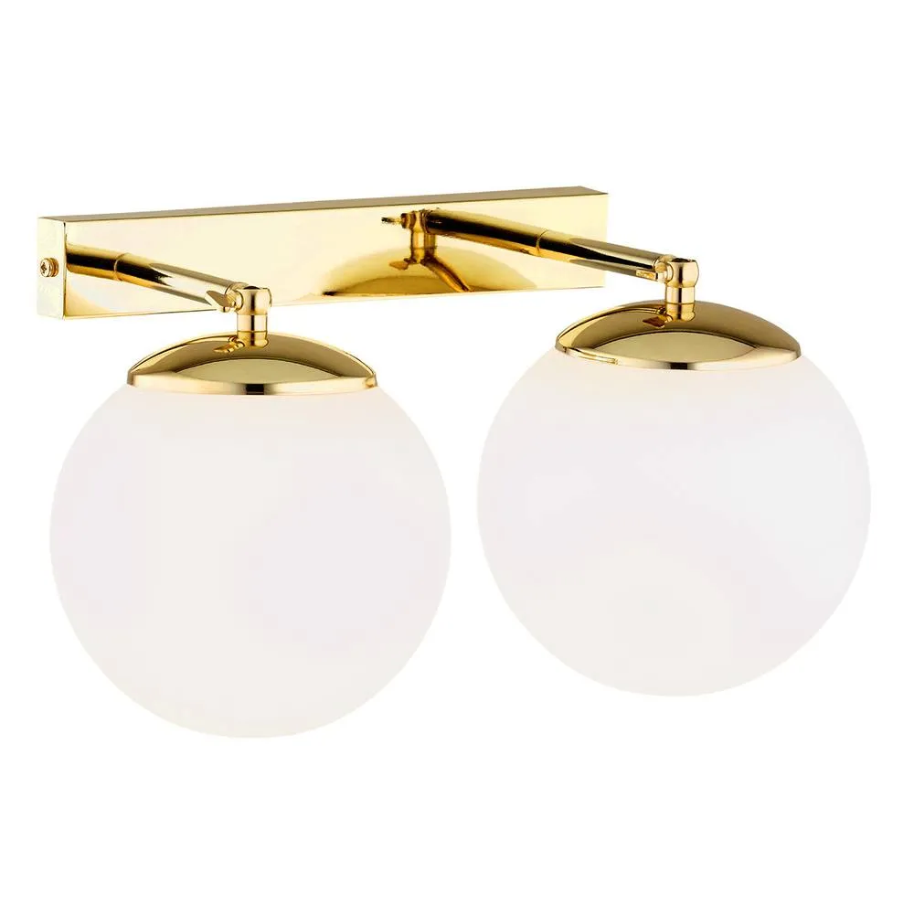 Netlighting Satelite Plus Outdoor Twin Globe Wall Lamp Opal Matt Brass Steel IP44 in Gold