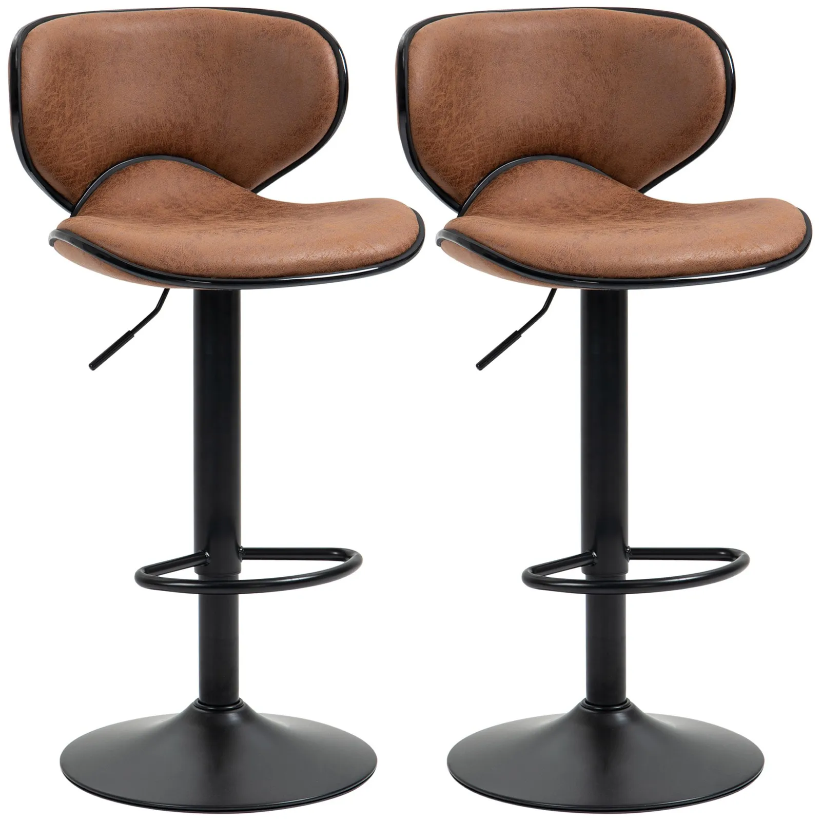 HOMCOM Bar Stool Set of 2 Faux Leather Adjustable Height Armless Chairs in Brown 2