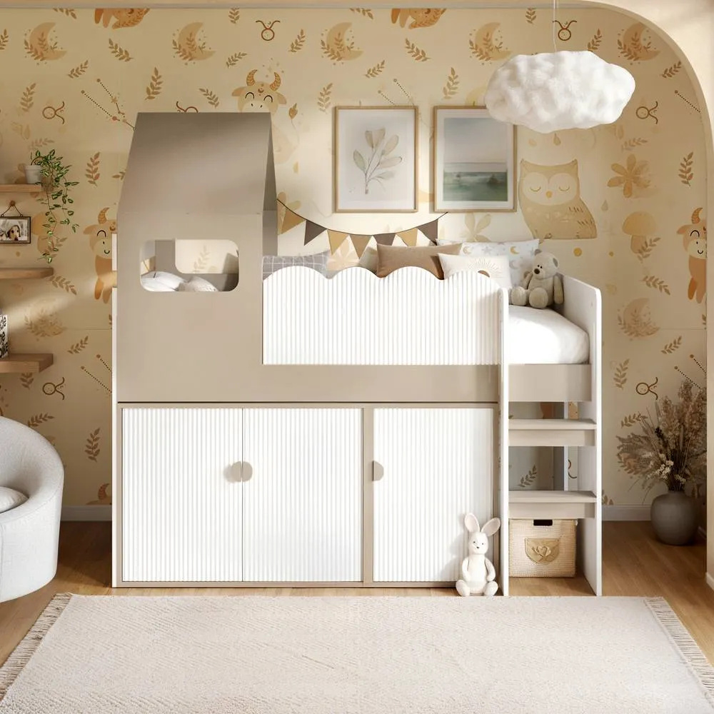 Flair Calista Ribbed House Mid Sleeper Bed with Storage White & Taupe 2