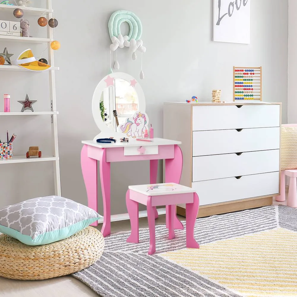 Costway 2 in 1 Vanity Table & Chair Set Princess Makeup Dressing Table Writing in Pink 3