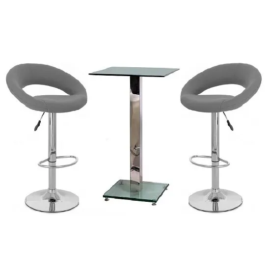 Spice Bar Table In Clear Glass And 2 Leoni Grey Bar Stools