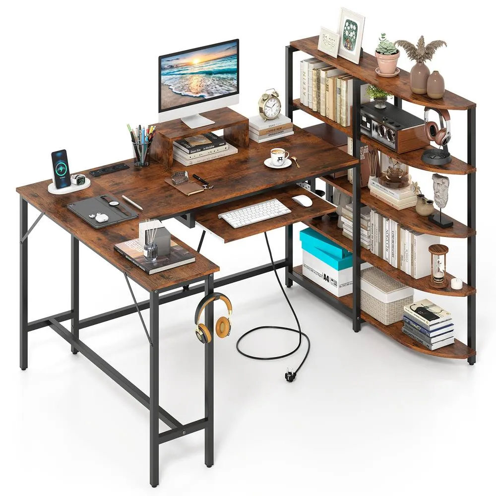 Costway L Shaped Desk with Corner Computer Desk Brown 4