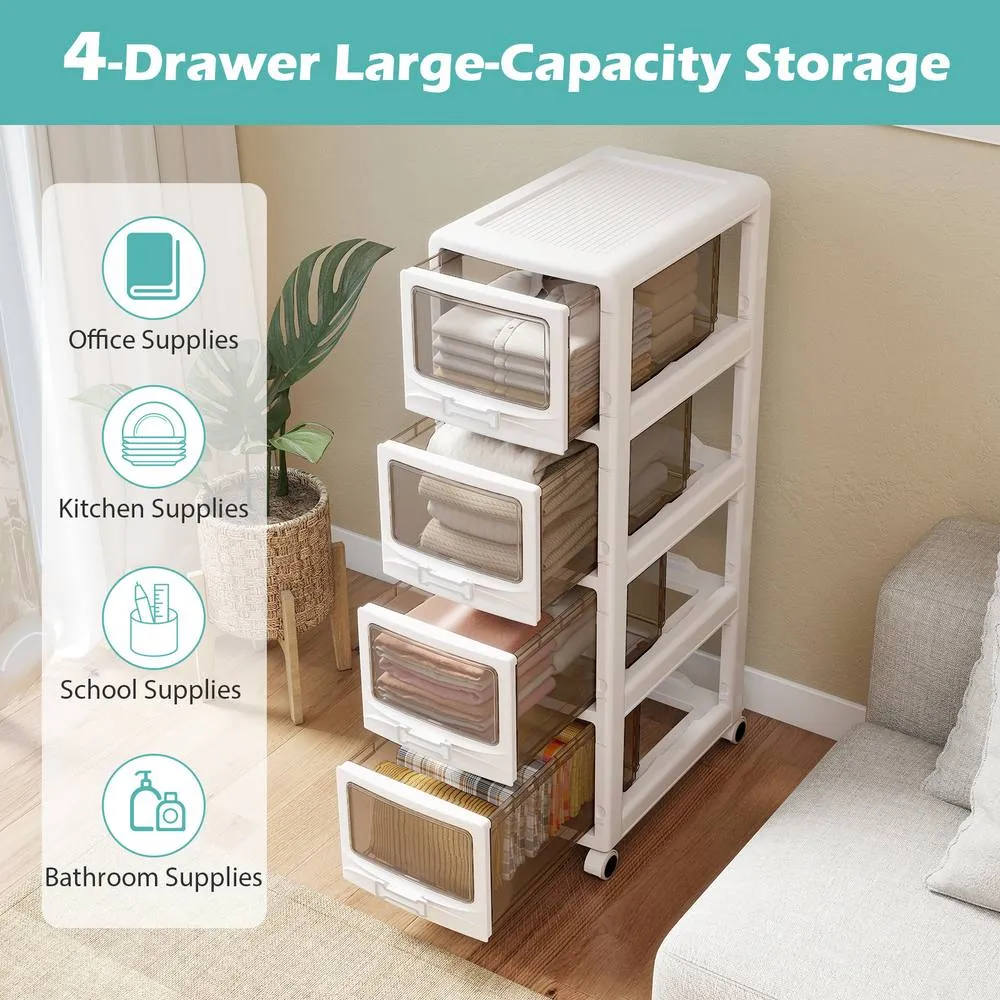 Costway 4-Tier Plastic Drawer Storage Organizer Rolling Cart Utility Cart w/ in White 4
