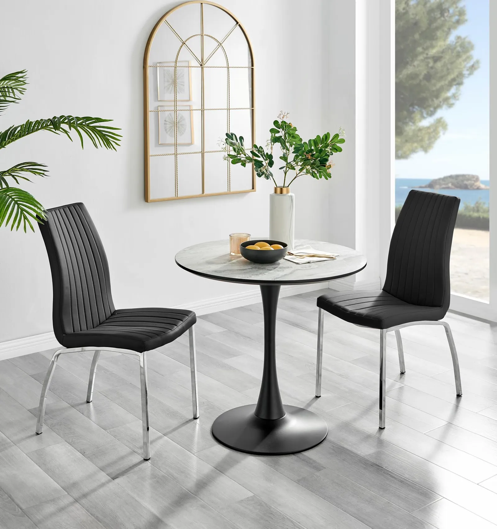 FurnitureboxUK Elina White Marble Effect Scratch Resistant Dining Table & 2 Isco Faux Leather Chairs in Black 1