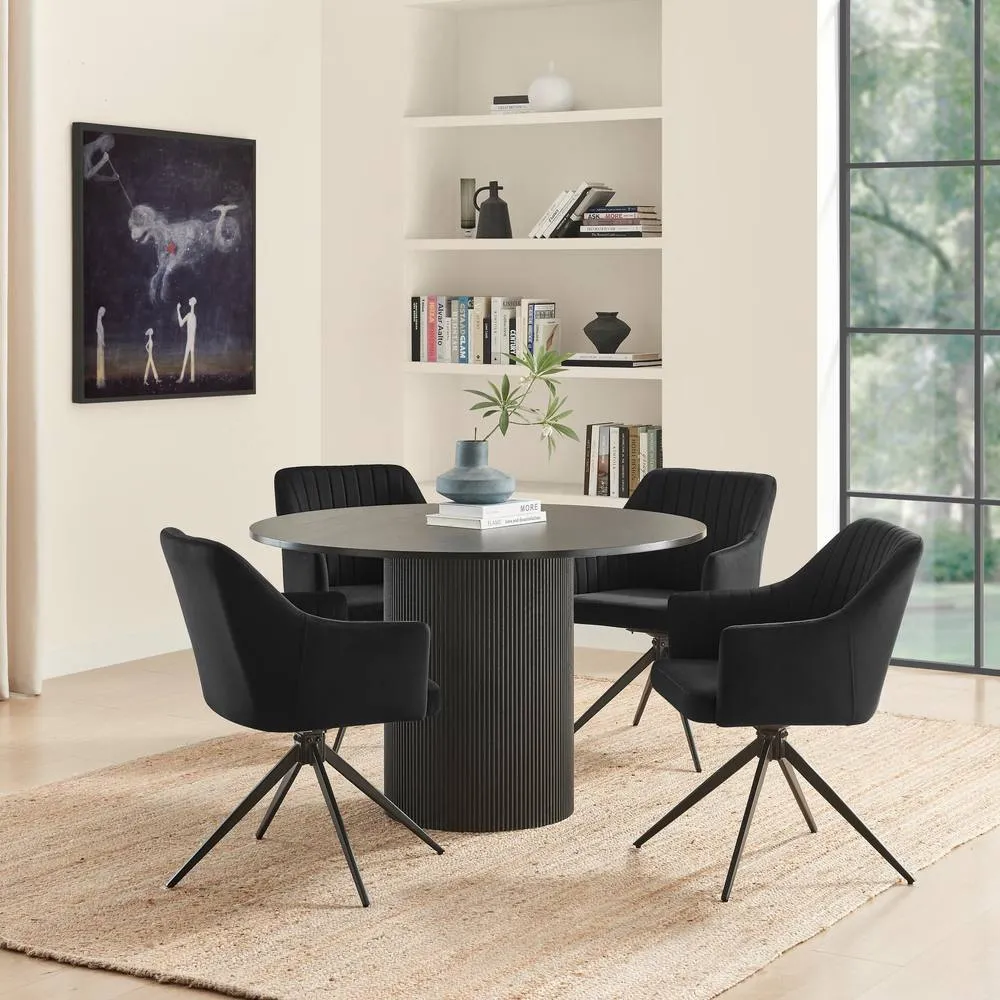 FurnitureboxUK Penrose Black Round Dining Table & 4 Calla Velvet Swivel Chairs 1