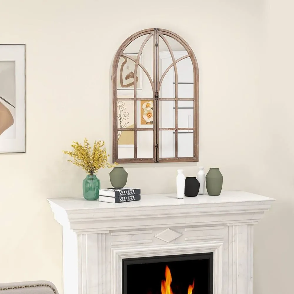 Costway Arched Window Pane Mirror Farmhouse Wall Mounted Decorative Mirror in Natural 4