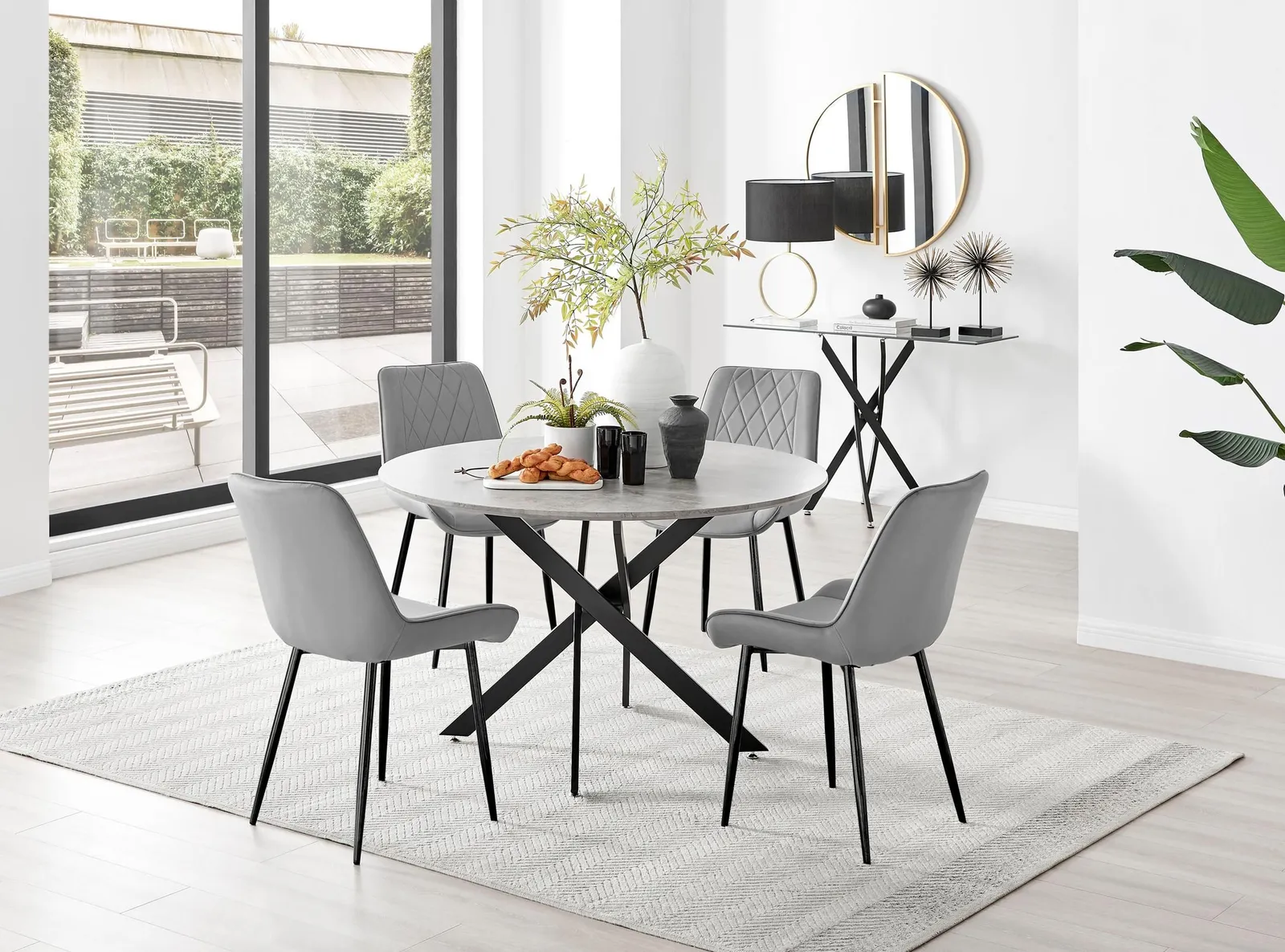 FurnitureboxUK Novara Grey Concrete Effect Black Leg 120cm Round Dining Table & 4 Pesaro Black Leg Chairs 1