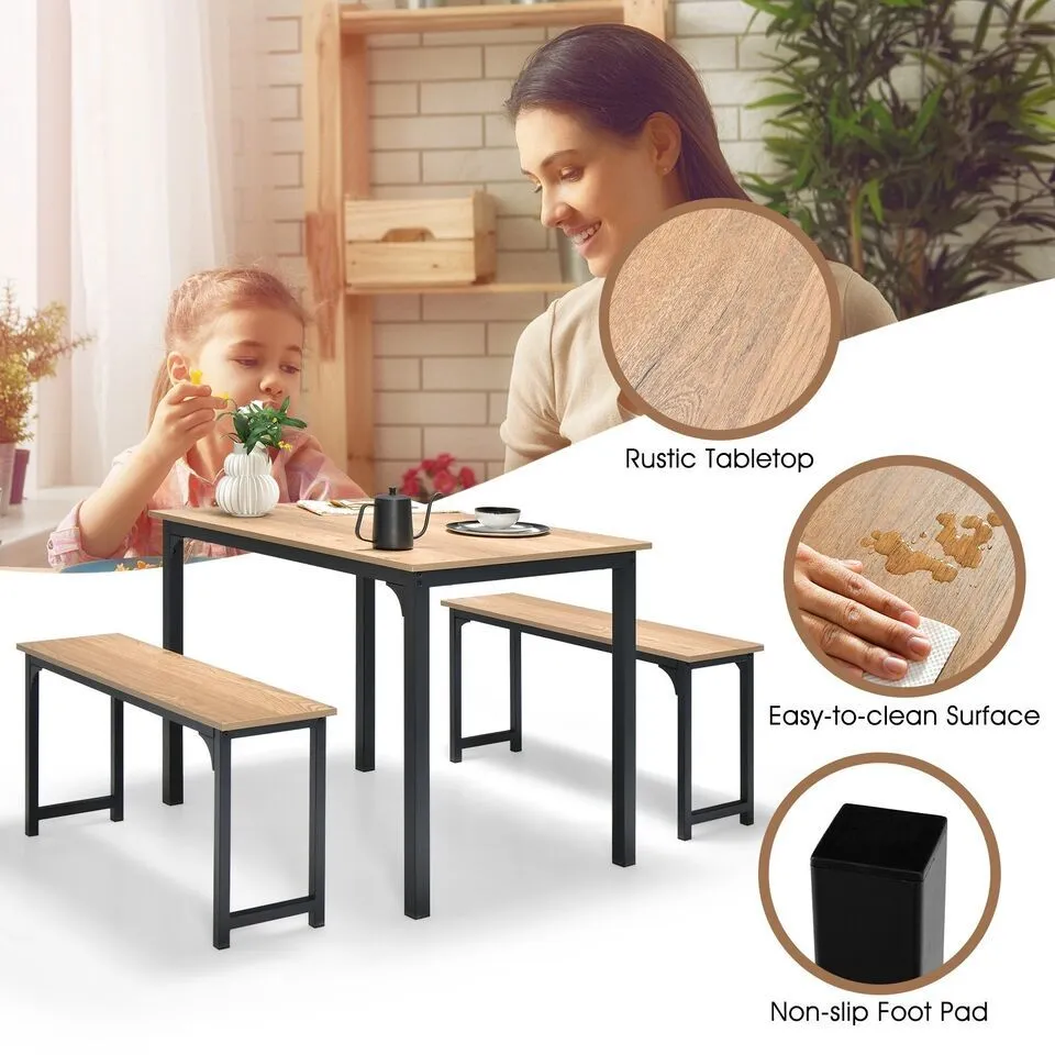 Costway 3 PCS Dining Table Set Space-Saving Kitchen Table Set w/2 Benches in Natural 4
