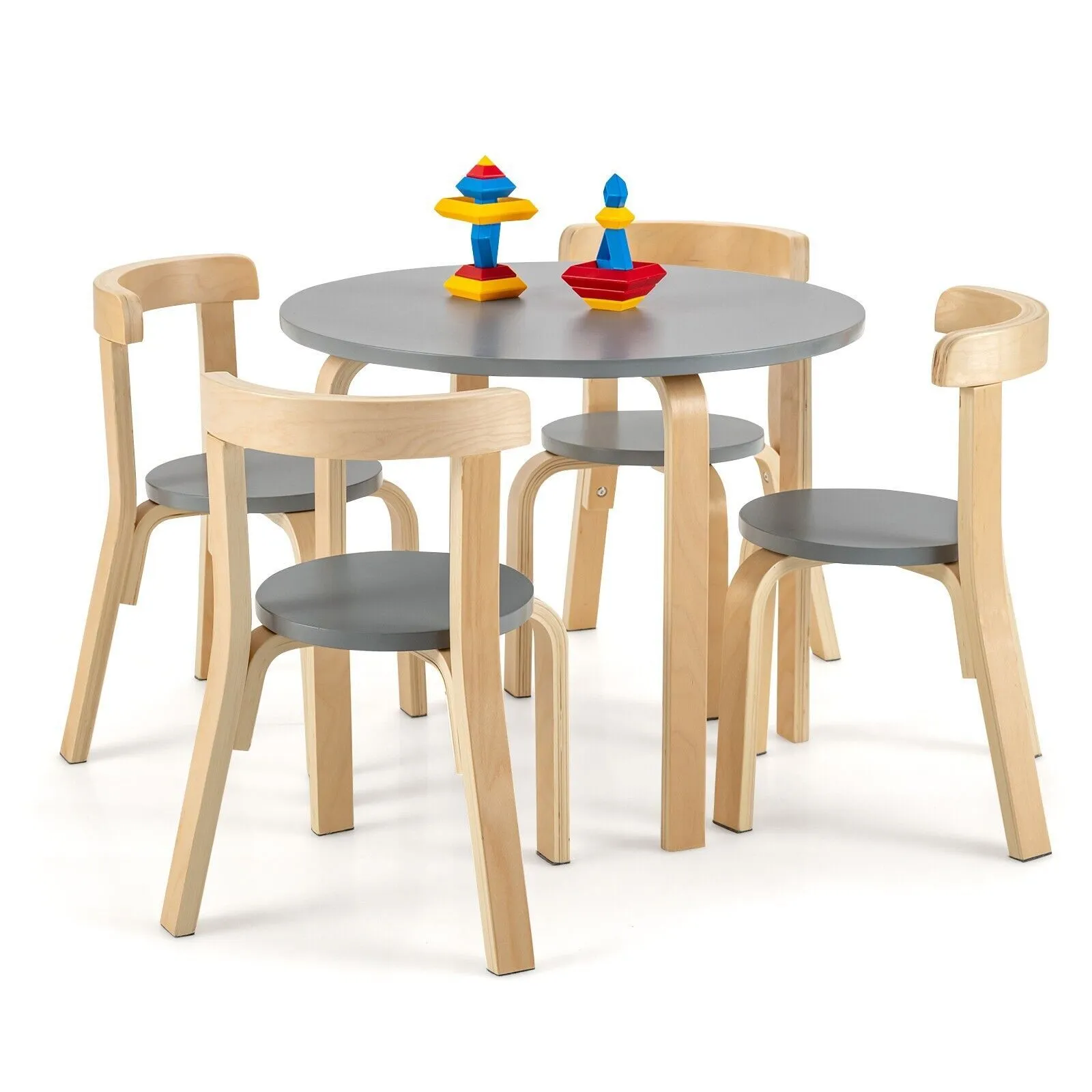 Costway 5-Piece Table & Chair Set Wooden Activity Table 4 Curved Chairs in Grey