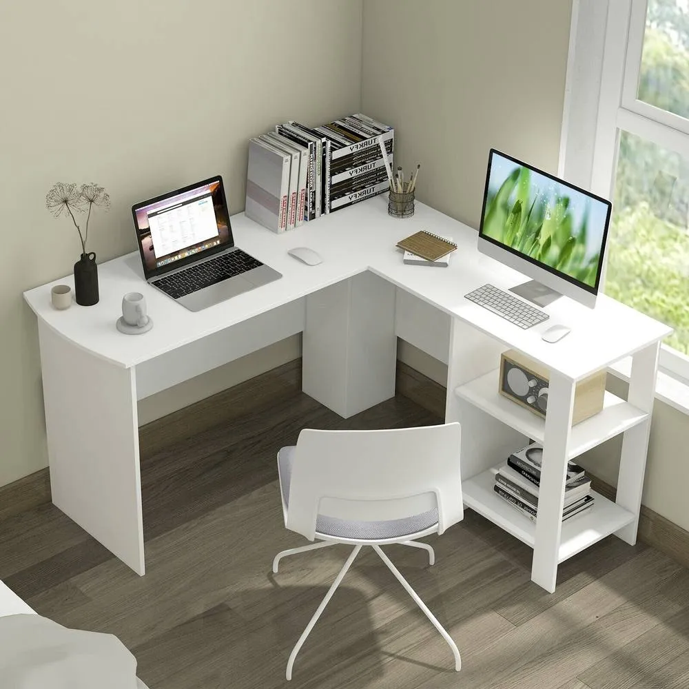Costway L-Shaped Corner Computer Desk Table Workstation Home Office in White 2