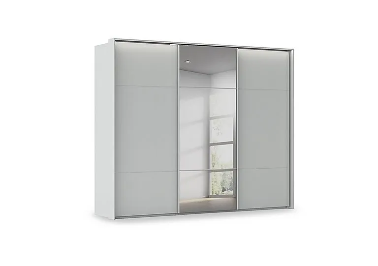 Haven 280cm 3 Door Slider Wardrobe with 2 Décor Doors, 1 Mirror Door and Lights - Silk Grey/Silk Grey Front