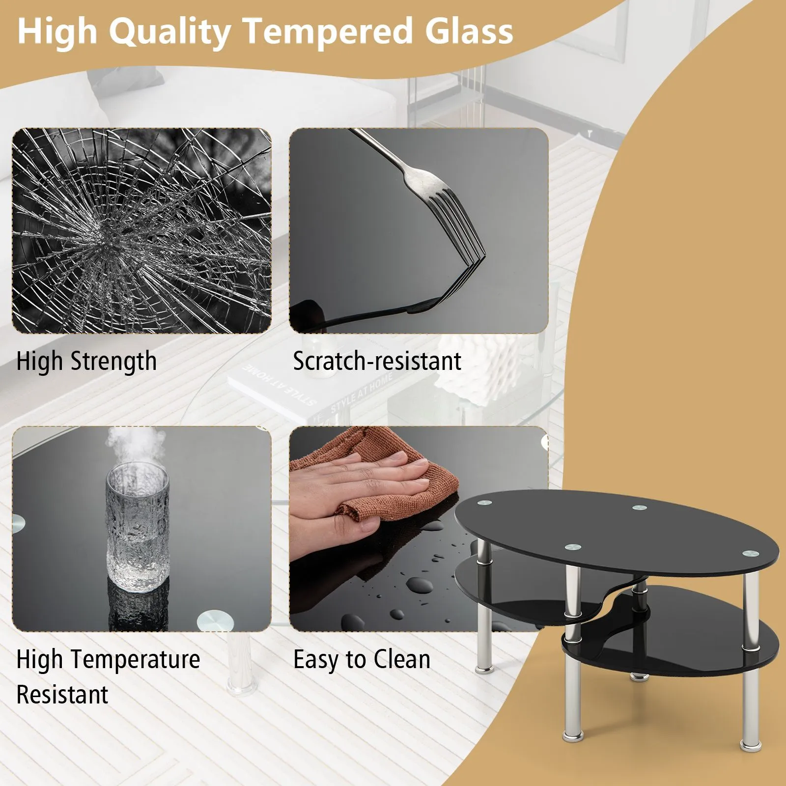 Costway 3-Tire Modern Oval Tea Table Smooth Glass Coffee Table Sofa End Side Table in Black 3
