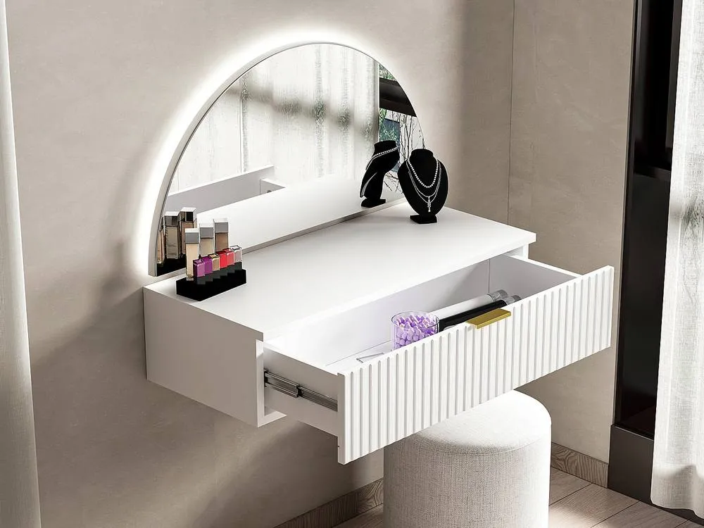 Vente-unique Wall-Mounted Dressing Table With Mirror & LED Lighting - 1 Drawer in White 4