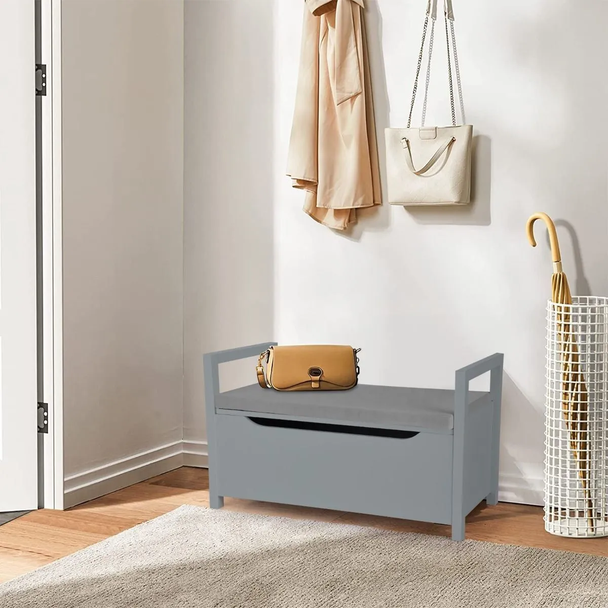 Costway 2 IN1 Wooden Shoe changing Bench Shoe Storage Cabinet Organizer Padded Seat in Grey