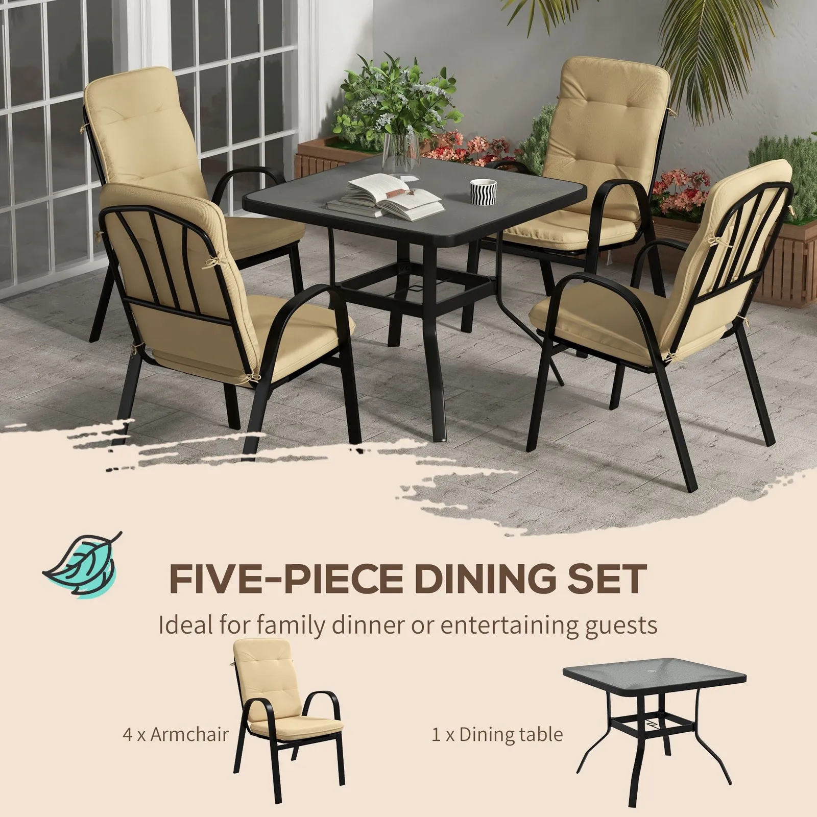 OUTSUNNY Garden Dining Set, Glass Table w/ Umbrella Hole in Beige 6
