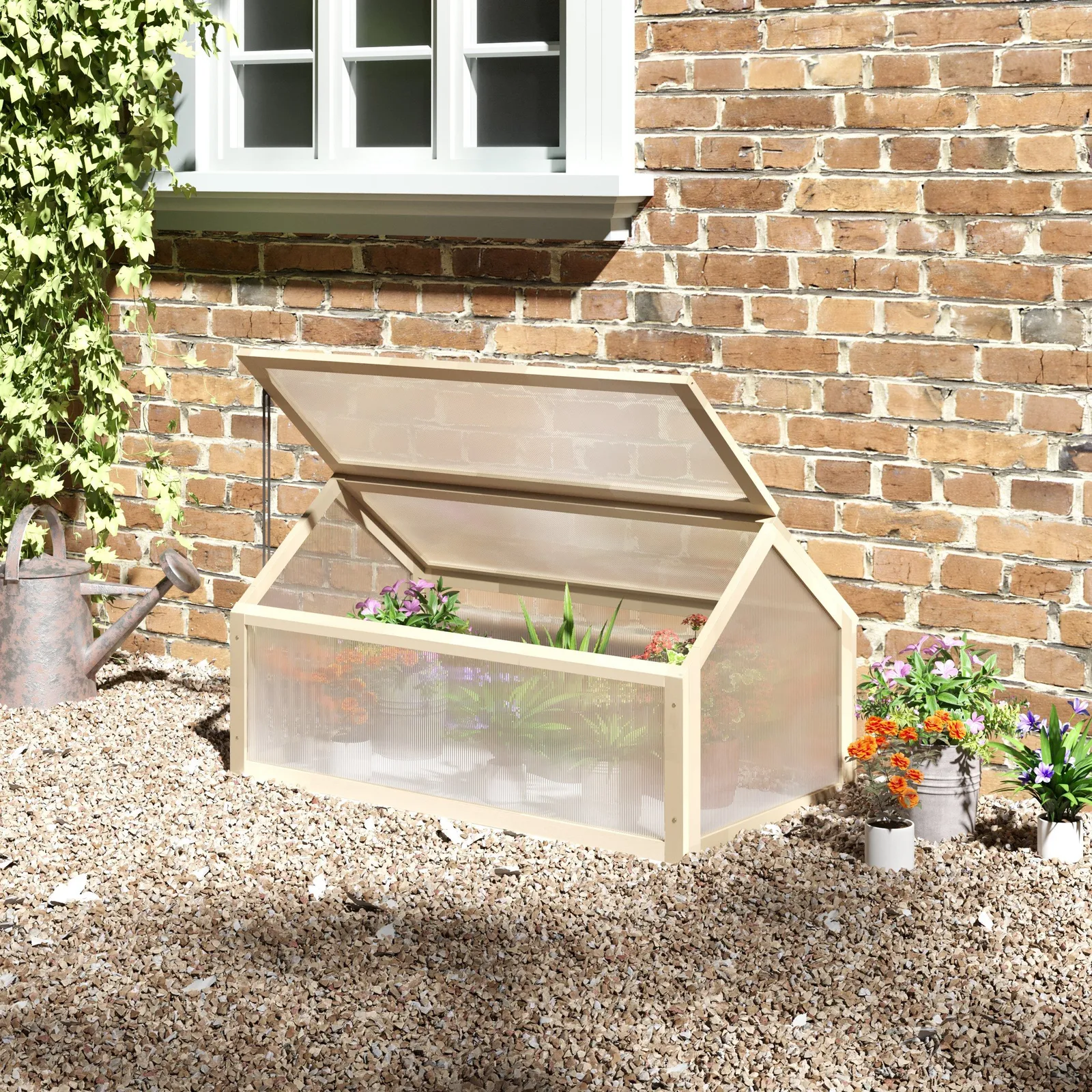 OUTSUNNY Wooden Cold Frame Greenhouse Garden Polycarbonate Grow House in White 1
