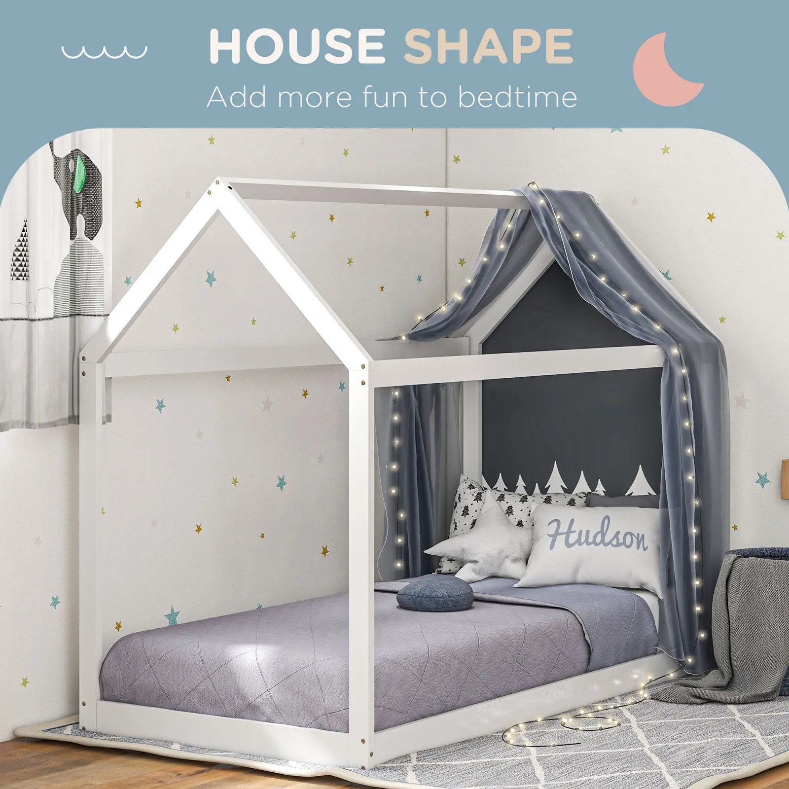 HOMCOM Wooden Single Bed Frame with Tree House Style in White 4