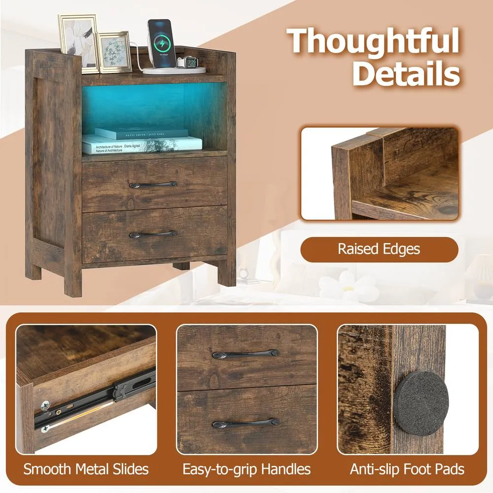 Costway LED Bedside Table with 2 Drawers Sofa Side Table with Power Outlets in Brown 5
