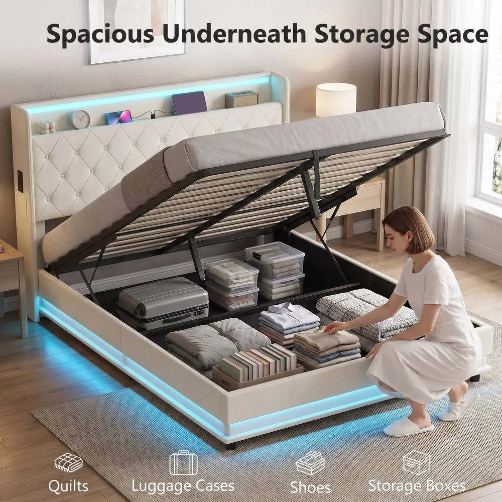 HOMCOM Lift up Storage Bed Frame with RGB LED Lights, 150 x 200cm, White in Cream 4