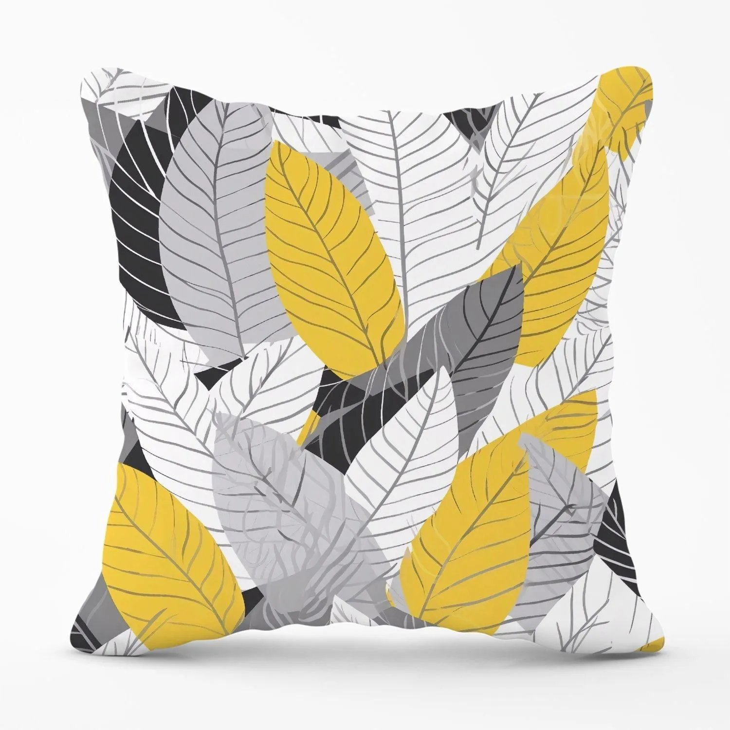 Warren Reed - Designer Yellow Grey Feather Leaves Outdoor Cushion