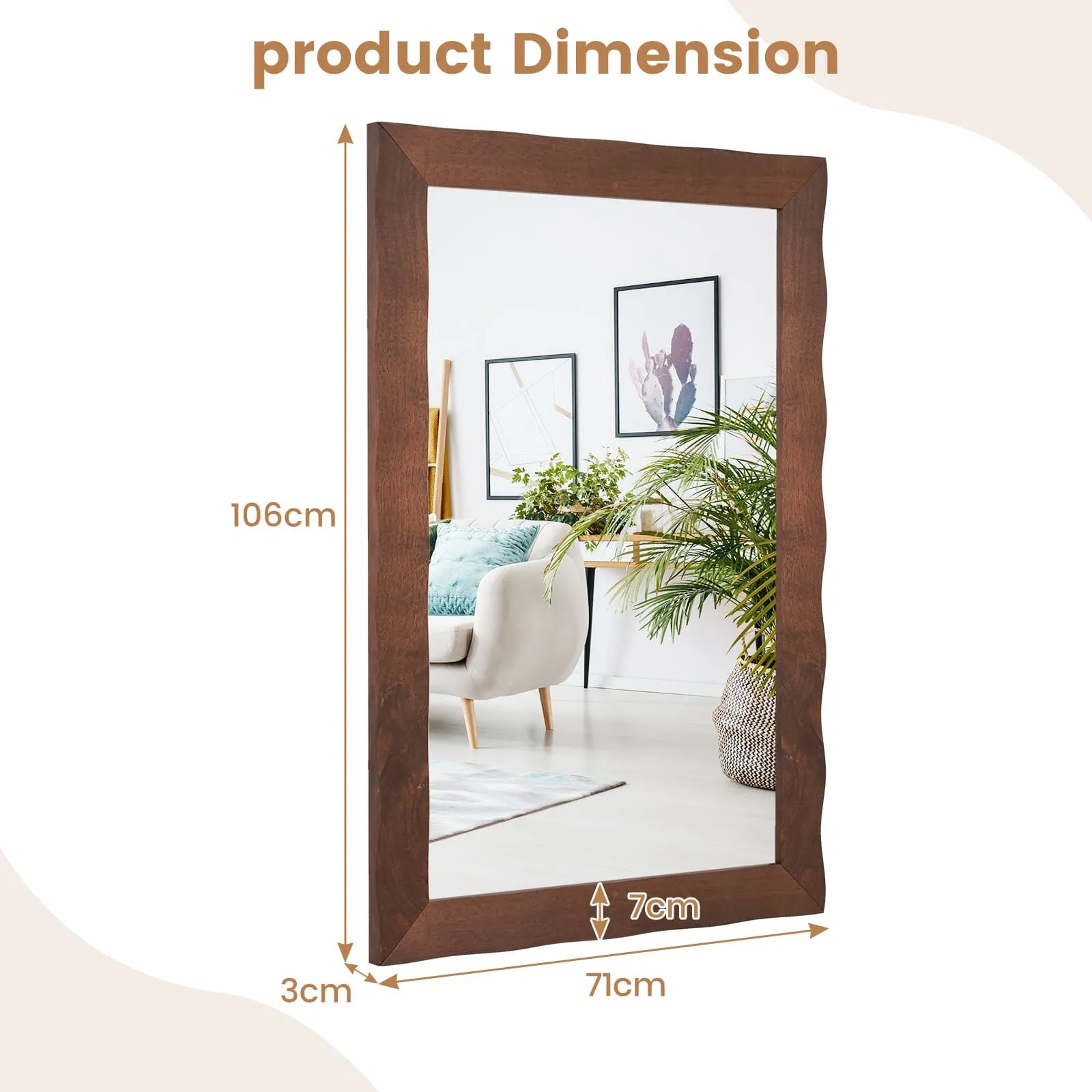 Costway Farmhouse Wall Mirror 106CM x71CM Wood Vanity Wall Mirror-Brown in Brown 2