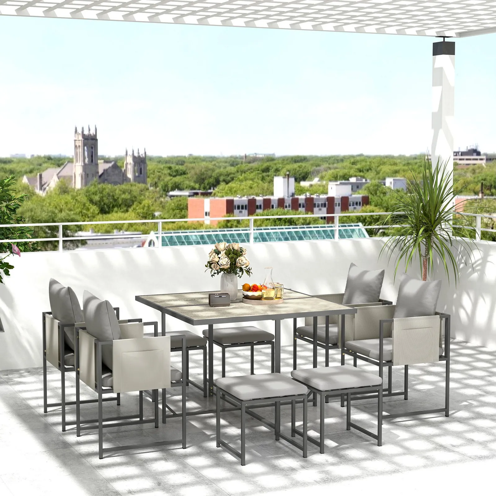OUTSUNNY 8 Seater Garden Dining Set, Cube Garden Furniture with Cushions in Grey