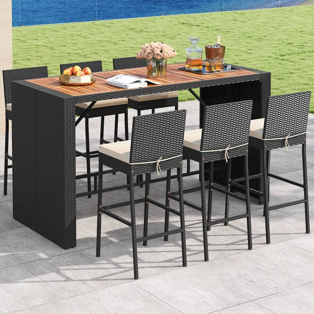 Costway 7 Pieces Patio Rattan Bar Set 6 Wicker Bar Height Chairs in Black 4