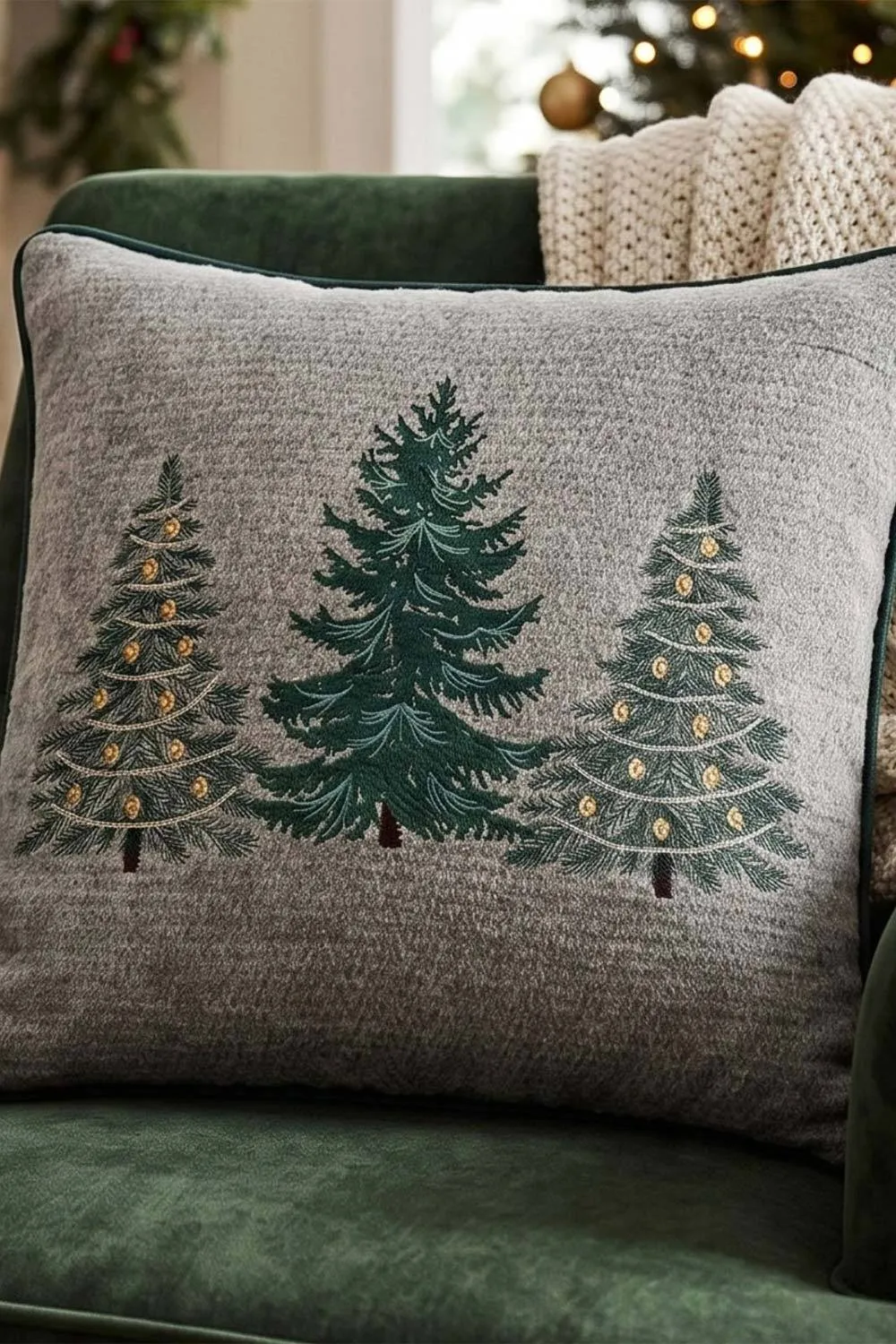 Homescapes Chenille Feel Christmas 3 Trees Throw Cushion - 45 x 45 cm in Grey 2