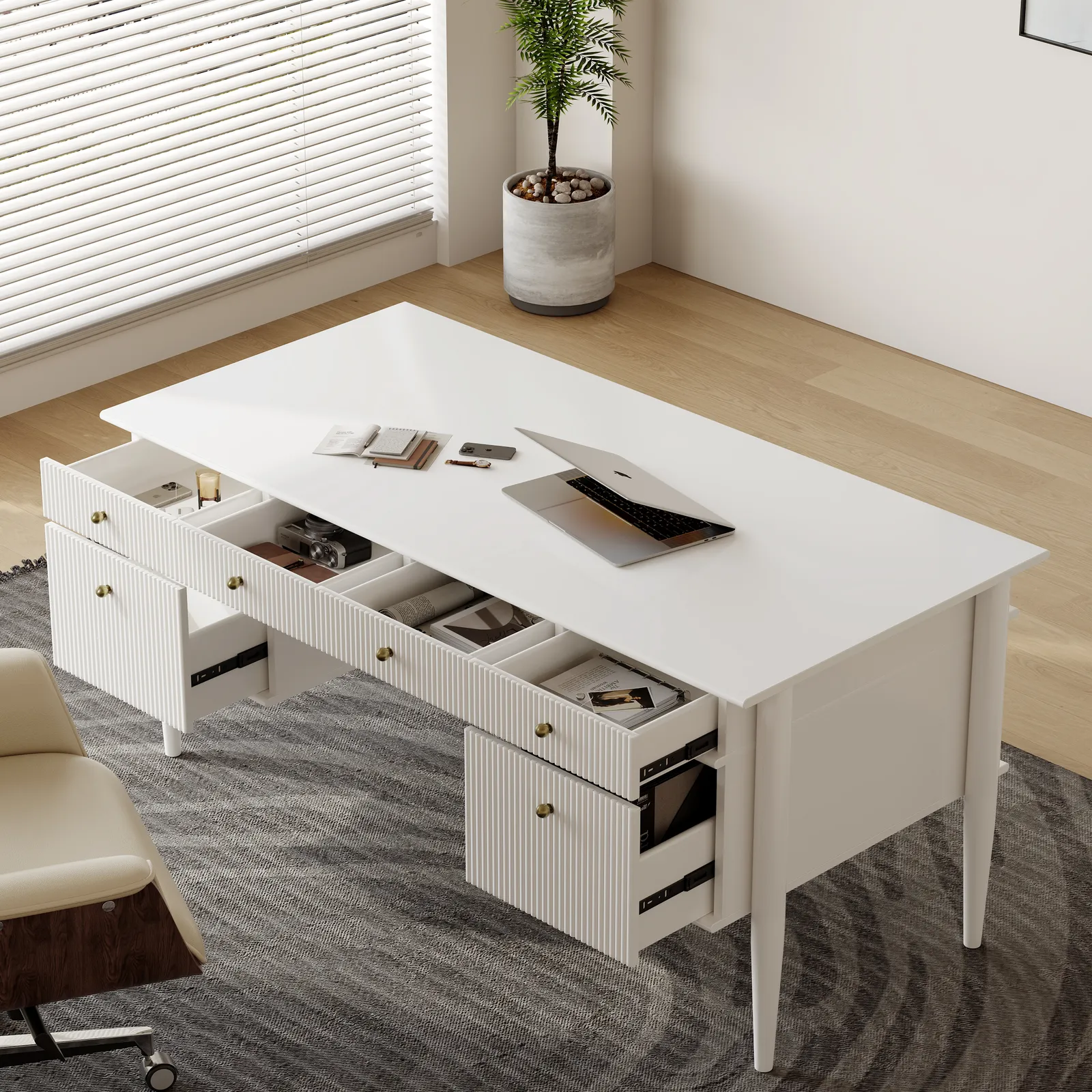Modern Solid Wood Home Office Desk with 6 Drawers White Executive Writing Desk (160 cm)
