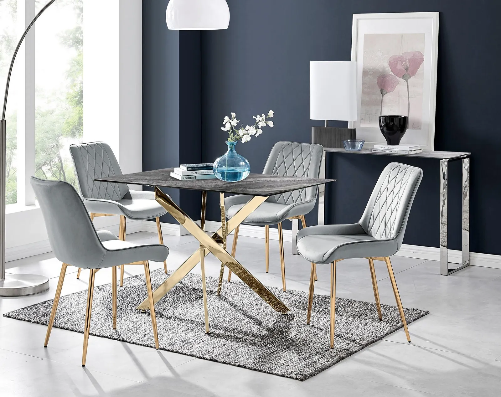 FurnitureboxUK Leonardo Grey Glass Marble Effect Gold Leg Table & 4 Pesaro Gold Leg Chairs