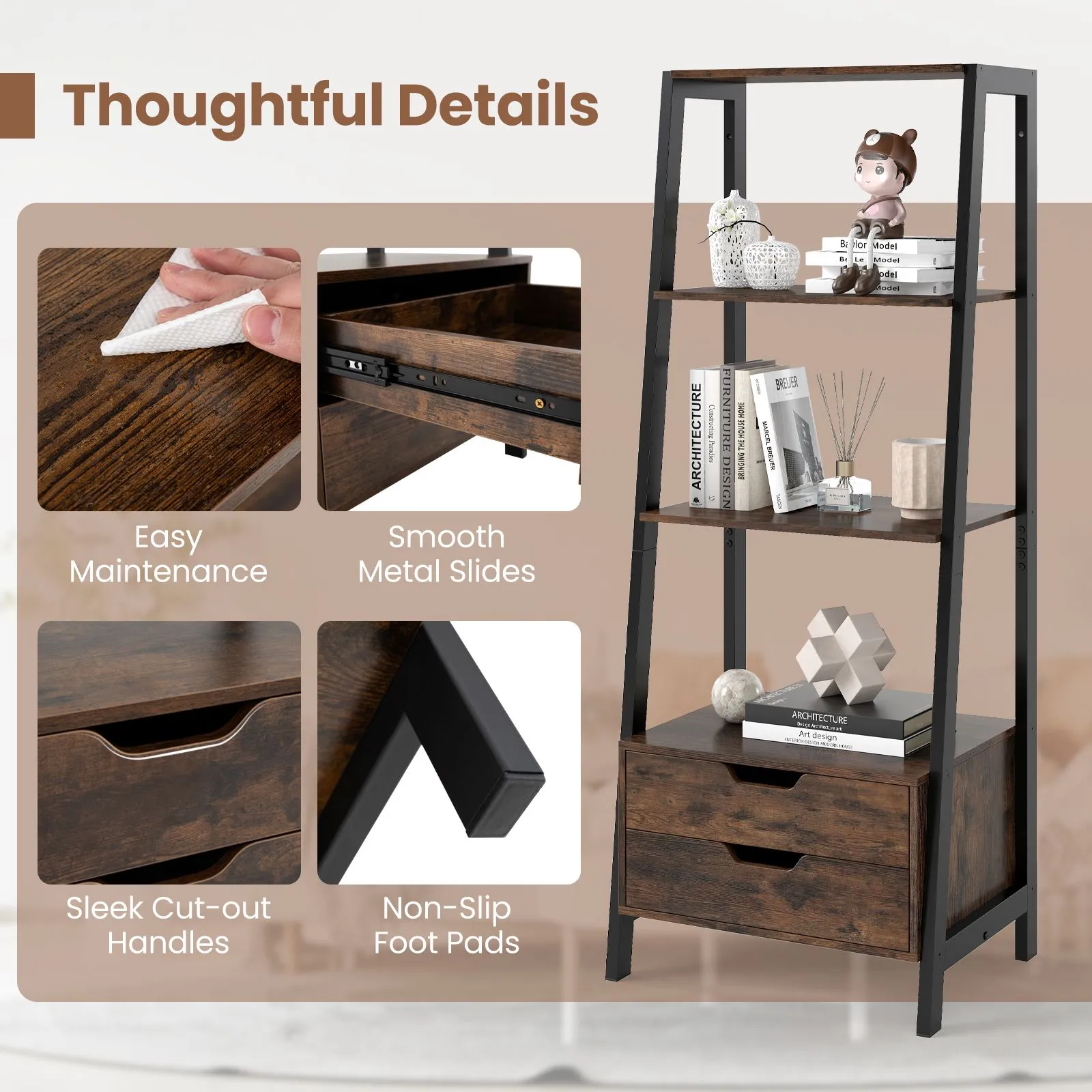 Costway Ladder Bookshelf Tall Freestanding Display Rack with Storage-White in Brown 4