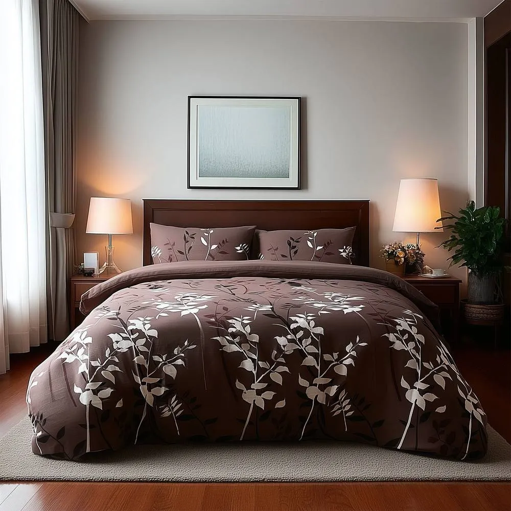 Snug City Duvet Cover & Pillowcase Set Floral Leaf Design Polycotton Bed Linen in Brown