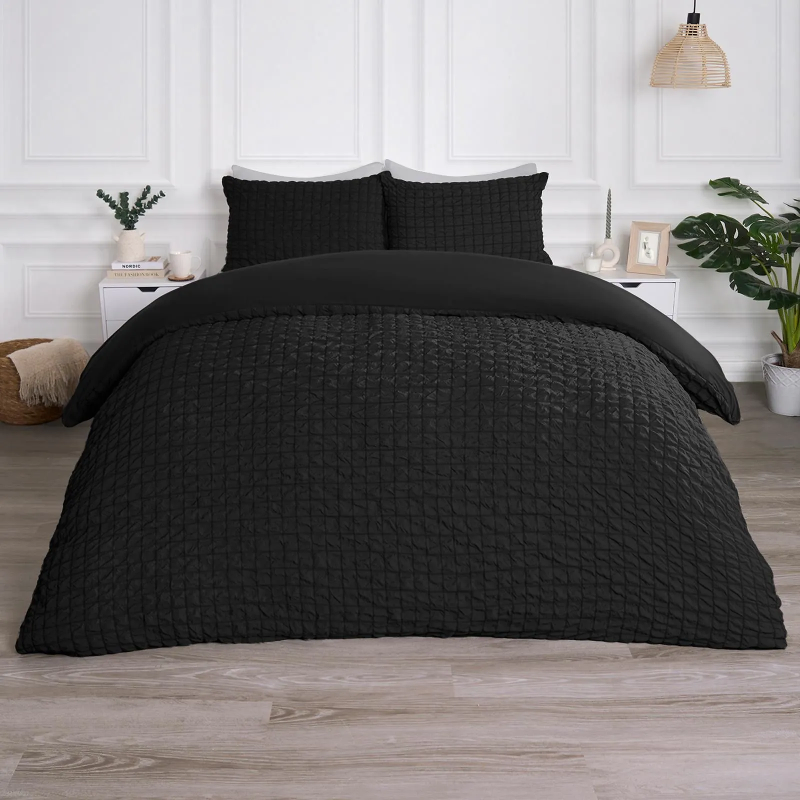OHS Luxury Seersucker Duvet Cover Set Geo Pillowcase Quilt in Black