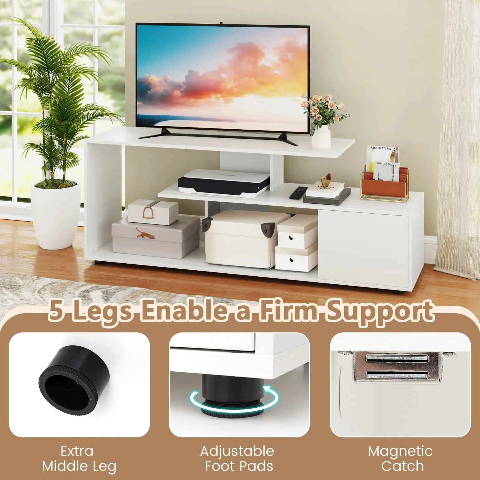 Costway TV Stand for TVs up to 55" 3-Tier Media Console Table w/Storage-White in White 5