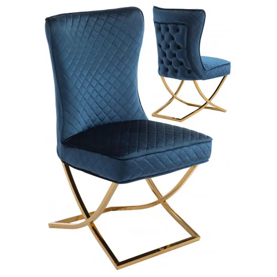Lorenzo Blue Velvet Dining Chairs In Pair With Gold Legs
