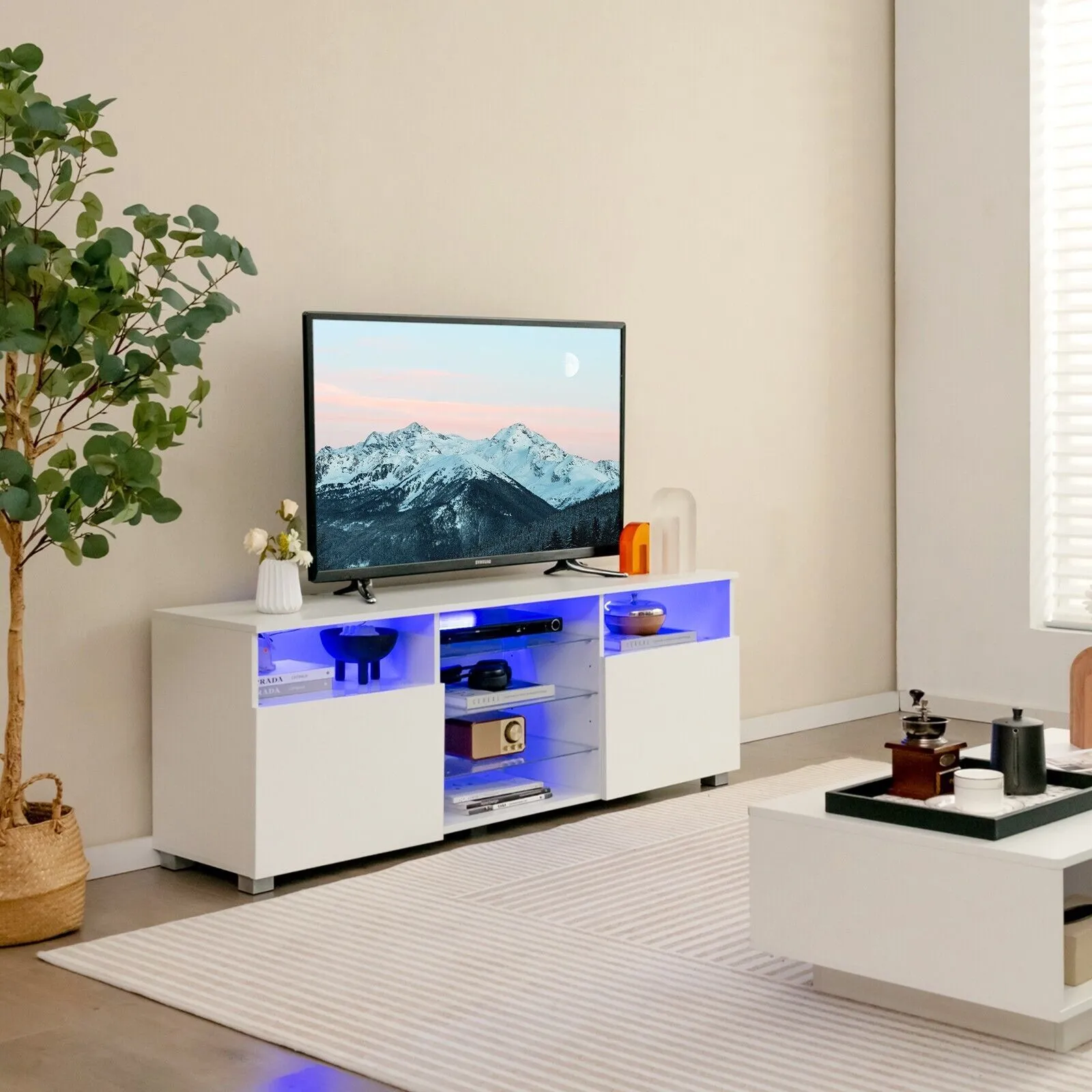 Costway 2Door TV Stand w/ LED Lights for TVs up to 65 inch Modern Entertainment Center in White 3