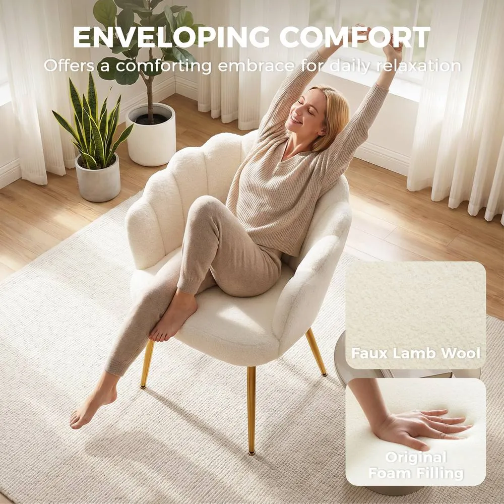 HOMCOM Petal-Back Lounge Chair with Faux Lamb's Wool & Metal Legs, Cream 5