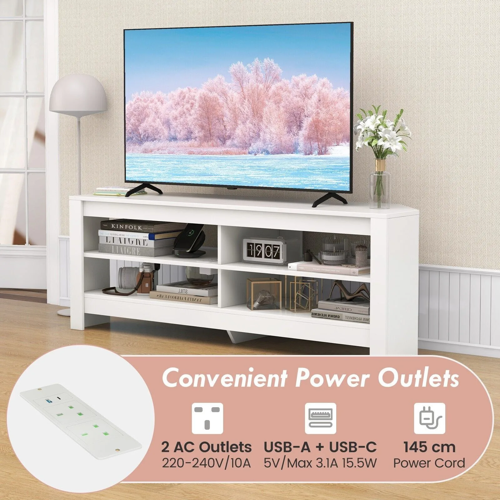 Costway Corner TV Stand with Power Outlet 3-Tier Entertainment Center for 60" TV in White 5
