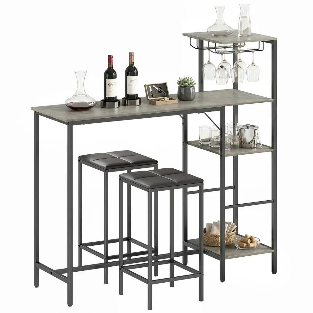 HOMCOM 3Pcs Breakfast Bar Table & Stools Set 4-tier shelving in Grey 2