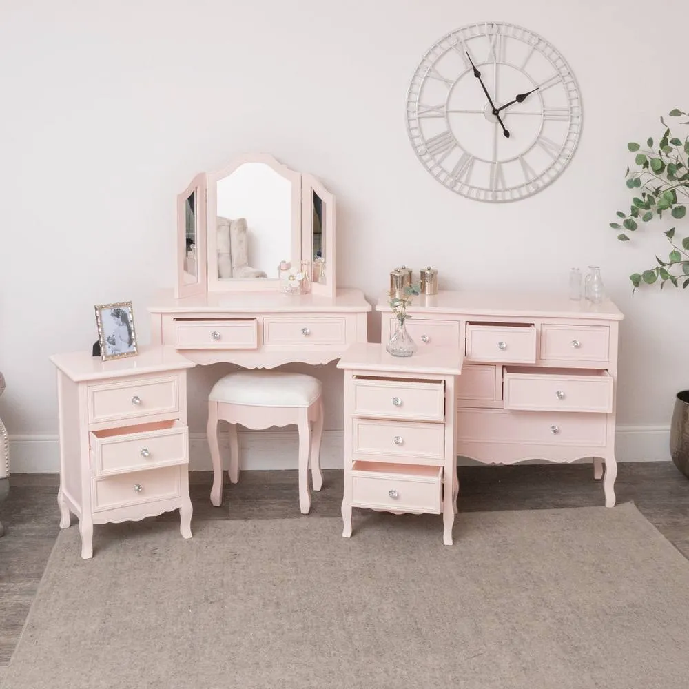 Melody Maison Large 6 Drawer Chest Of Drawers, Dressing Table Set & Pair Of Bedside Tables - Sophia Pink Range in Pale Pink 2
