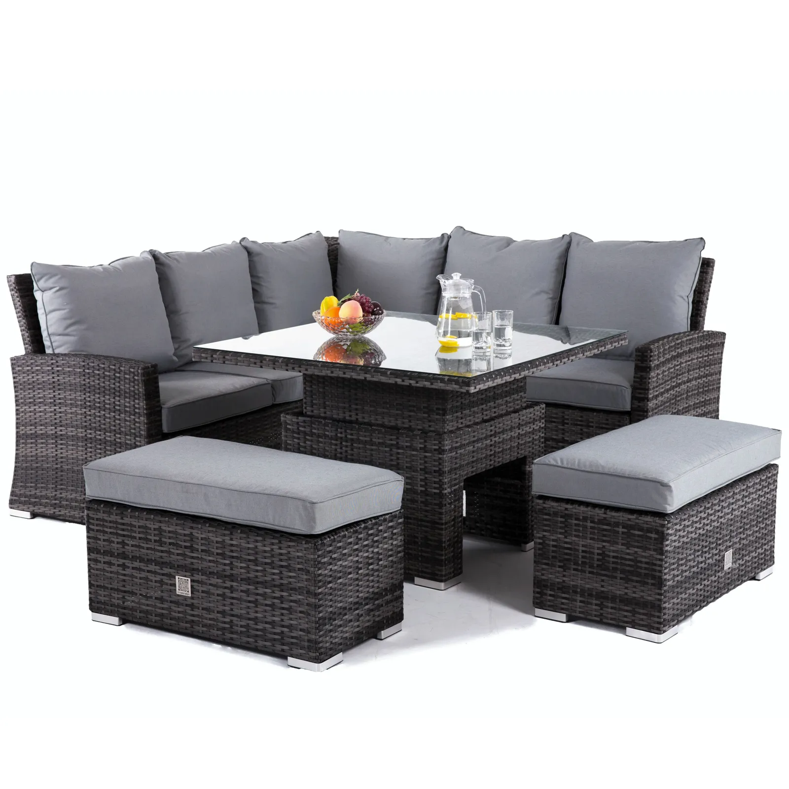 Rovsham Corner Garden Dining Set With Rising Table in Light Grey Weave and Grey Fabric