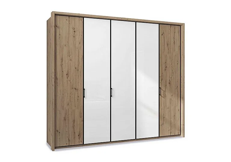 Dallas 257cm 5 Door Hinged Wardrobe with 3 Glass Doors - Bianco Oak and White