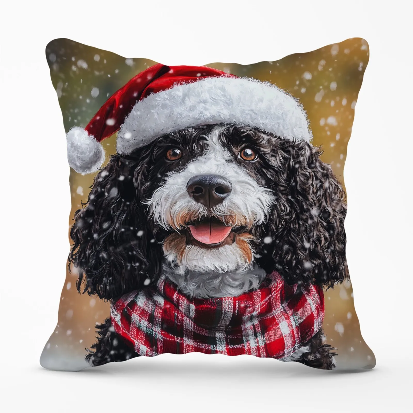 Warren Reed - Designer Christmas Spanish Water Dog Cushion in Black