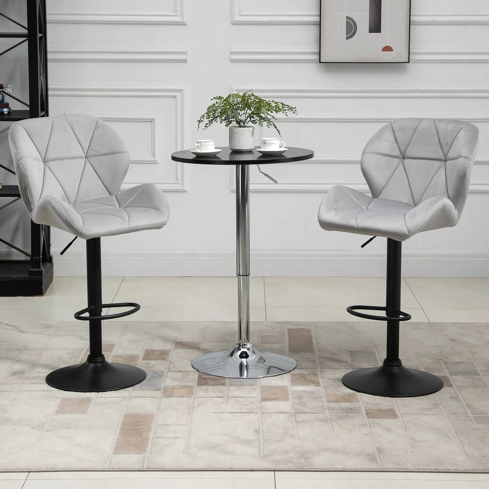 HOMCOM Velvet Bar Stools Set of 2 Back Padded Swivel Chairs for Breakfast in Light Grey