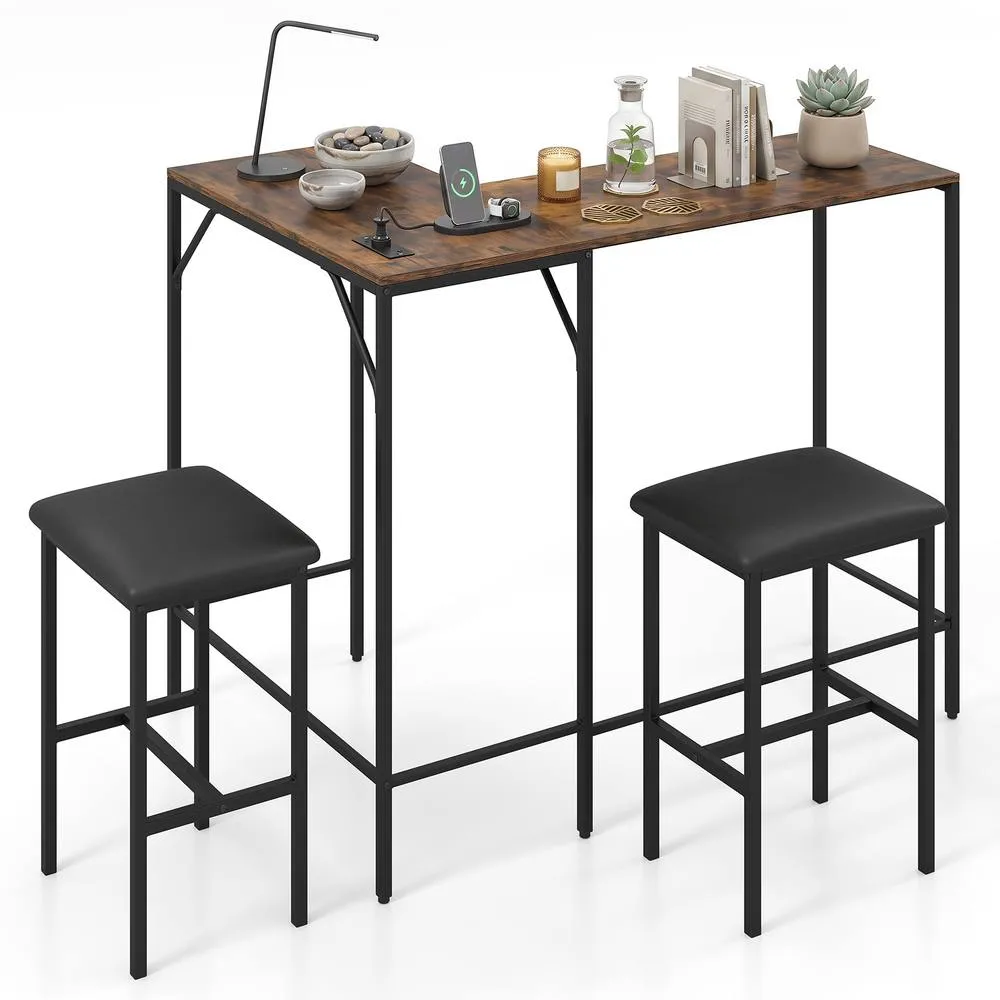 Costway 3-Piece Bar Table & Chair Set L-Shaped Table 2 AC Outlets in Brown