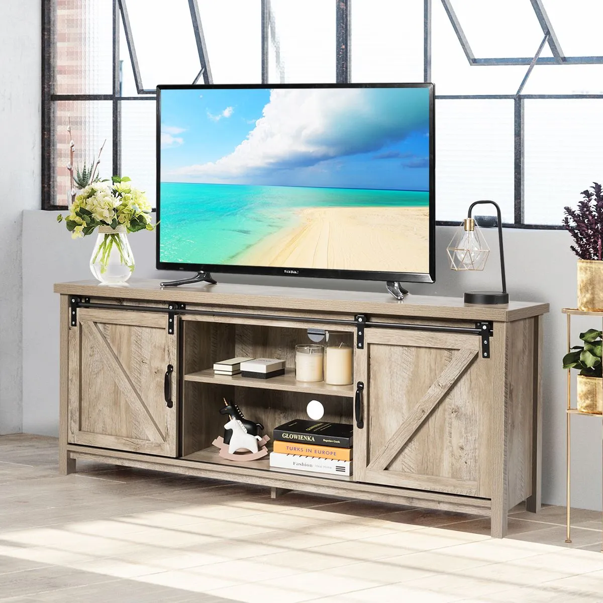 Costway Modern TV Cabinet for 60" Wooden Media Storage Shelves Stand W/ Cabinets in Grey
