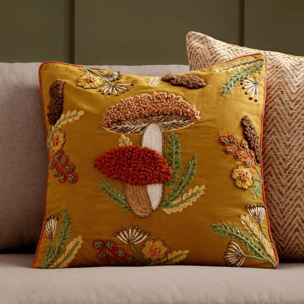 Wylder Mushroom Dell Embroidered 100% Cotton Cushion in Gold